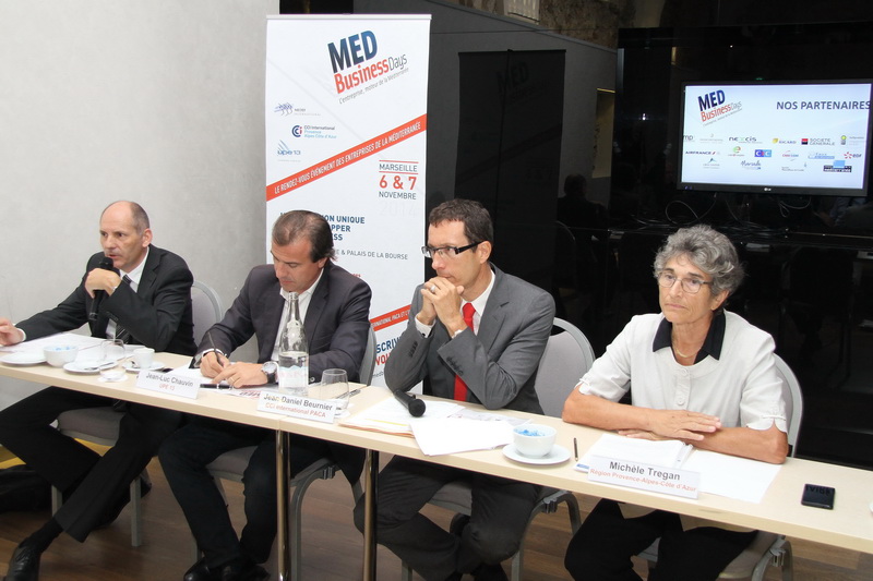 Philippe Gautier pour Medef International, Jean-Luc Chauvin, UPE 13, Jean-Daniel Beurnier, CCI international et Michèle Trégan, conseil régional Paca ont présenté les Med Business days (Photo Robert Poulain)