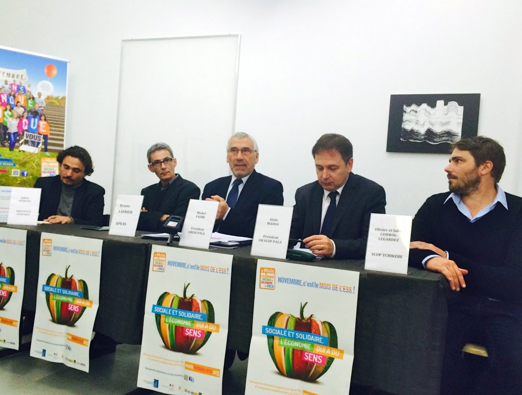 Le mois de l' ESS a été lancé par Michel Faure, président de la CRESS Paca, Alain Maïssa, président de l'Union Régionale des Scop Paca, Bruno Lasnier de l'Apeas en présence de 2 représentants de Scop Olivier Ludwig Legardez de la Scop Tchikebe et Julien Dezecot du magazine 