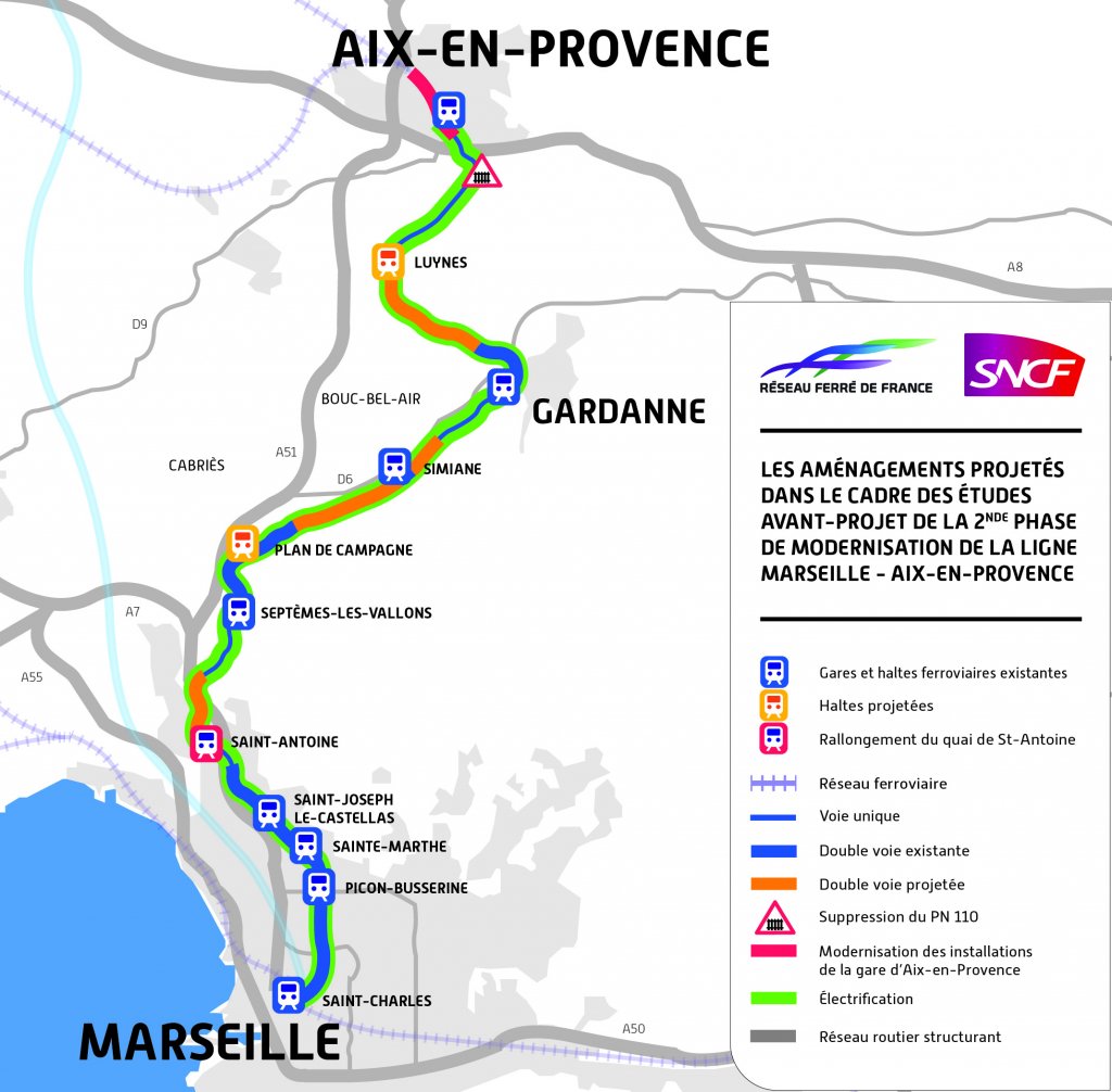 Les aménagements projetés dans le cadre des études avant le projet de la 2e phase de modernisation de la ligne Aix-Marseille