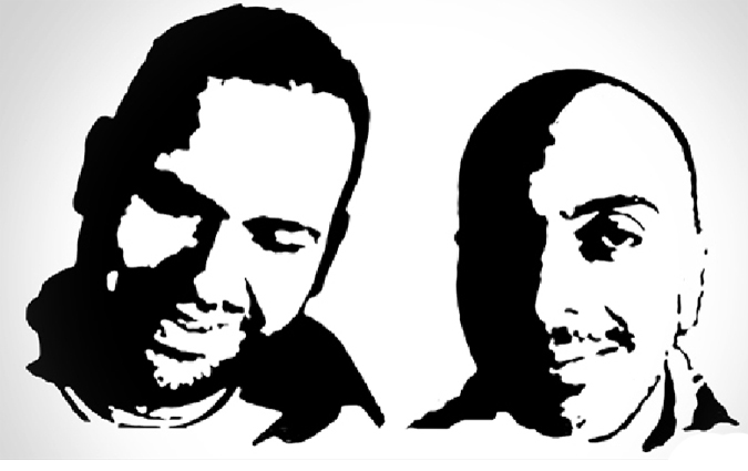 Portrait des deux journalistes tunisiens Sofiane Chourabi et Nadhir Guetari (Photo First TV et Syndicat national des journalistes tunisiens tirée de la campagne d'affichage pour leur libération)