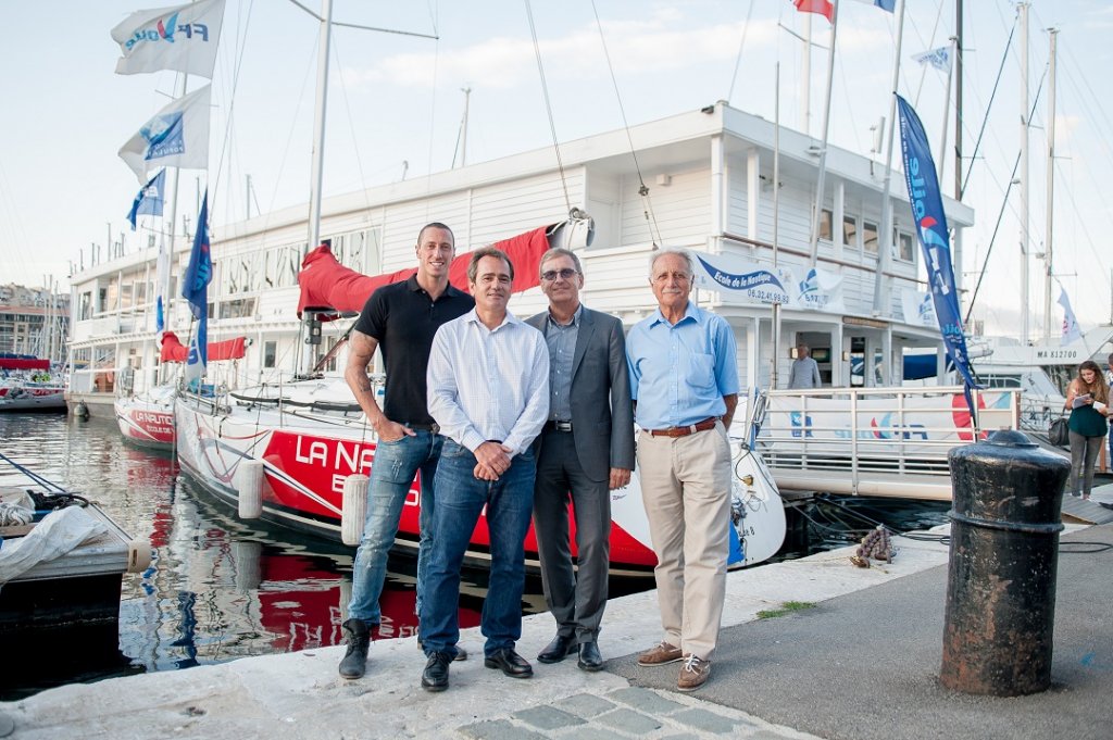 Lancement de la 11e édition de la Baticup ce week-end en présence de Frédérick Bousquet, parrain de la Baticup, Pierre Loffredo, président Baticup, Philippe Deveau Président de la Fédération du BTP 13, Raymond Lamberti, président de La Nautique (Photo D.R.)