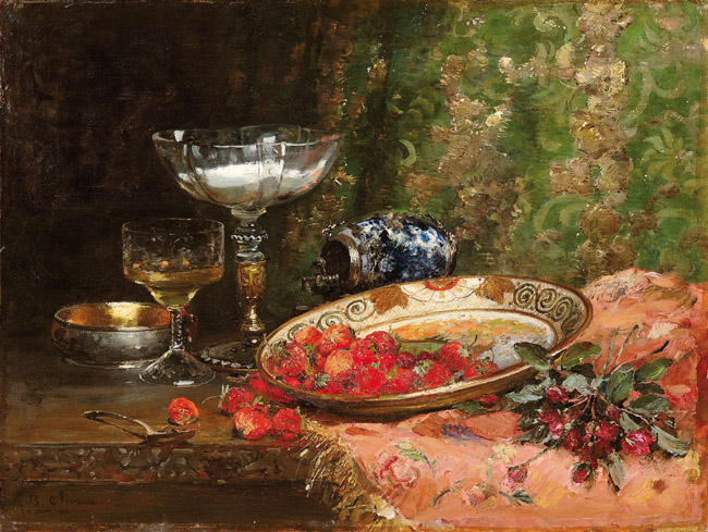 Jean-Baptiste Olive, Verres, coupes et coupelles de fraises, huile sur toile 50 x 65 cm, Collection particulière (crédit : Jean Bernard).