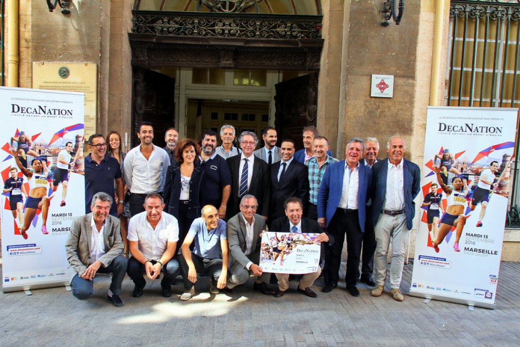 La présentation de la 12e édition du DecaNation en présence des organisateurs et partenaires et notamment de Ghani Yalouz, directeur technique national (DTN) d’athlétisme et de Bernard Amsalem qui dirige la Fédération Française d’Athlétisme (FFA) (Photo Robert Poulain)