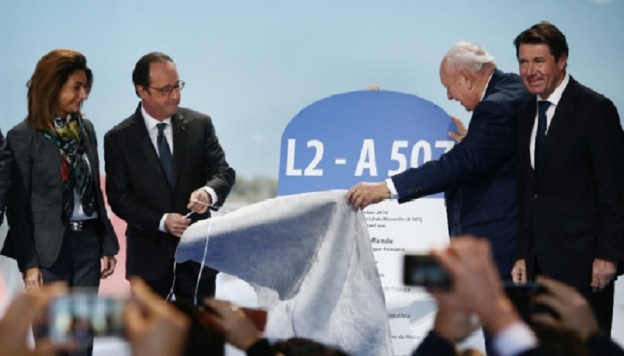 François Hollande a inauguré la L2 ce jeudi 8 décembre entouré de Martine Vassal, Jean-Claude Gaudin et Christian Estrosi (Photo Elysée)