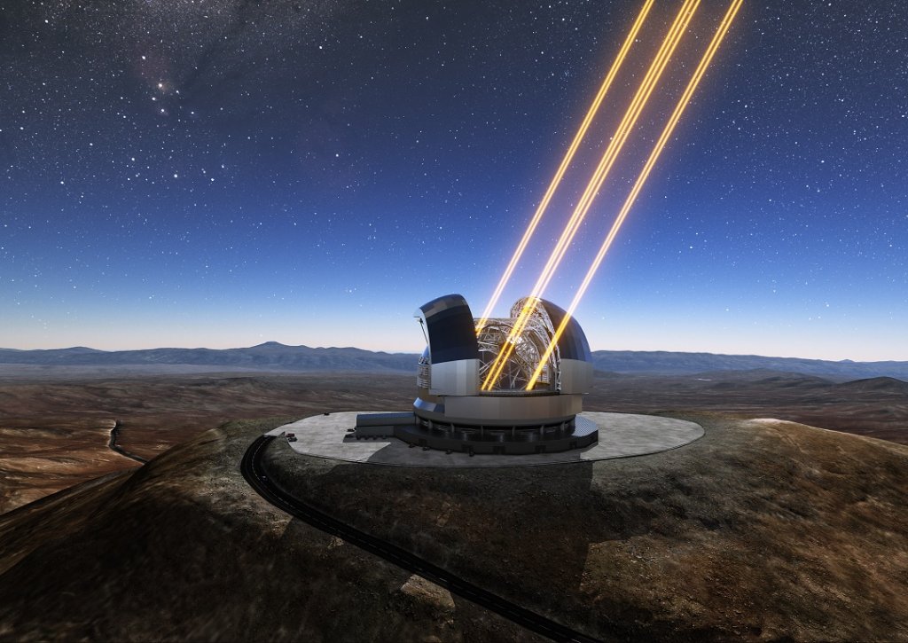 Vue d’artiste montrant le futur télescope européen de 39 m de diamètre ELT (Extremely Large Telescope) en construction au Chili, au sommet du Cerro Armazones. ©ESO