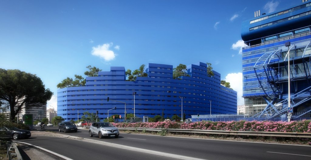 La silhouette du projet s’inscrit dans une jonction volumétrique adaptée entre un bâtiment public très haut et un quartier résidentiel beaucoup plus bas. Le Conseil Départemental est volontairement hors du gabarit urbain, il trône le long de l’avenue de manière souveraine et solitaire (Golem Images)