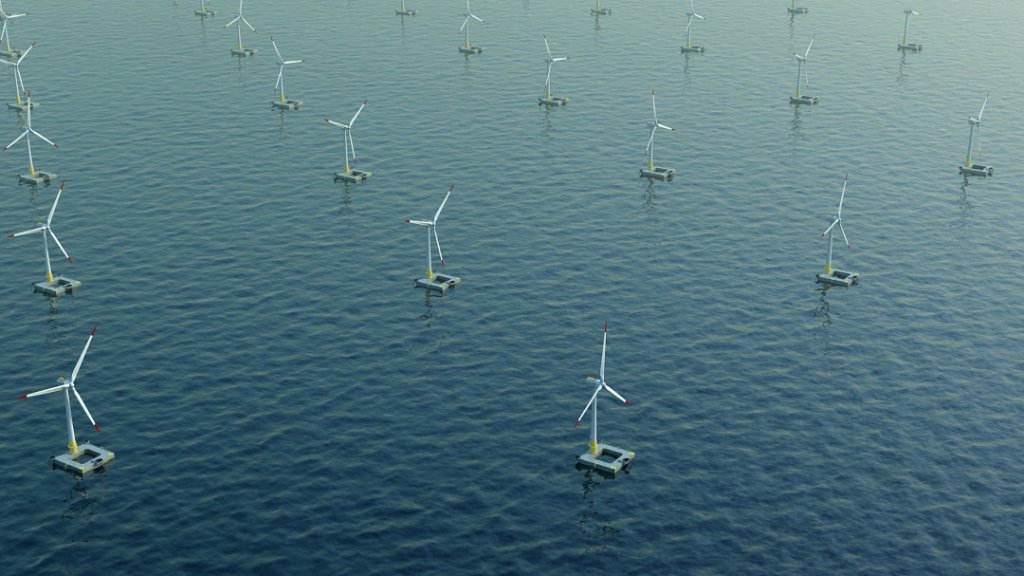 Parc d'éoliennes offshore non visible depuis le littoral. Roulis, tangage, vents puissants, courants, les éoliennes Offshore sont conçues pour résister à toutes ces pressions (Image de synthèse Ideol)