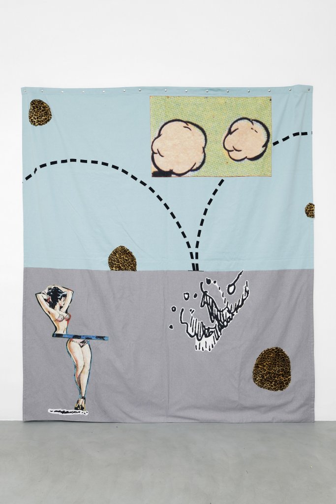 Hippolyte Hentgen, B-R-E-E-K, 2018 Assemblage de tissus cousus et imprimés 250 x 238 cm © A. Mole Courtesy Semiose, Paris.