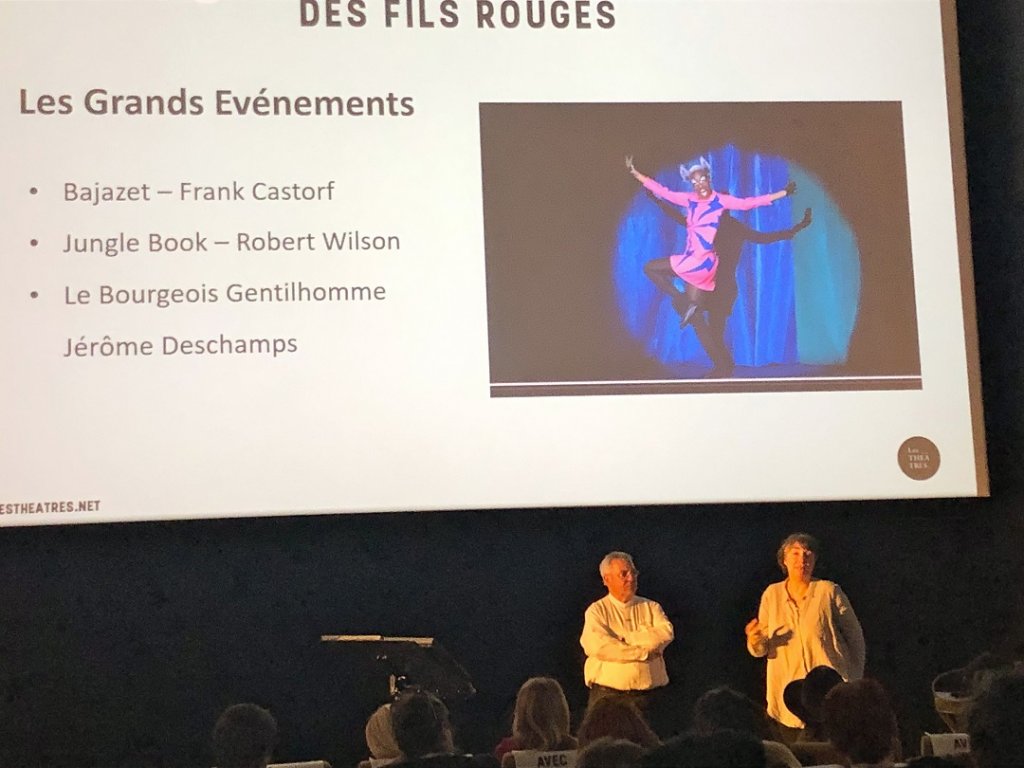 Dominique Bluzet en compagnie d’Hortense Archambault au cours de la présentation des saisons des Théâtres. (Photo Michel Egéa)
