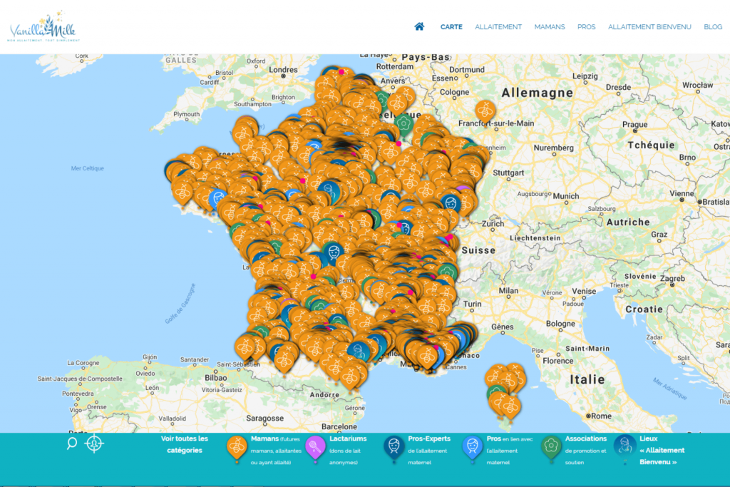 La carte nationale de géolocalisation des lieux référencés par le site dédiés à l'allaitement maternel  © VanillaMilk