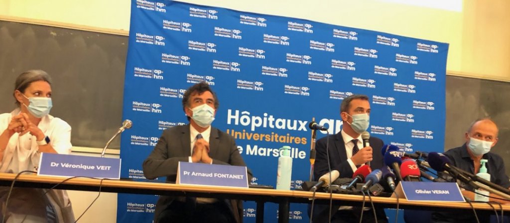 De gauche à droite Dr. Véronique Veit - Pr. Arnaud Fontanet - le ministre Olivier Véran - Dr. Pascal Auquier et le Pr. Lionel Velly (Photo Mireille Bianciotto) De gauche à droite Dr. Véronique Veit - Pr. Arnaud Fontanet - le ministre Olivier Véran - Dr. Pascal Auquier et le Pr. Lionel Velly (Photo Mireille Bianciotto)