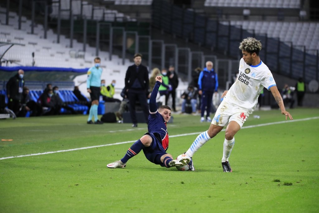 Bataille au milieu du terrain entre Marco Veratti et Boubacar Kamara (Photo Wallis. fr/Laurent Saccomano)
