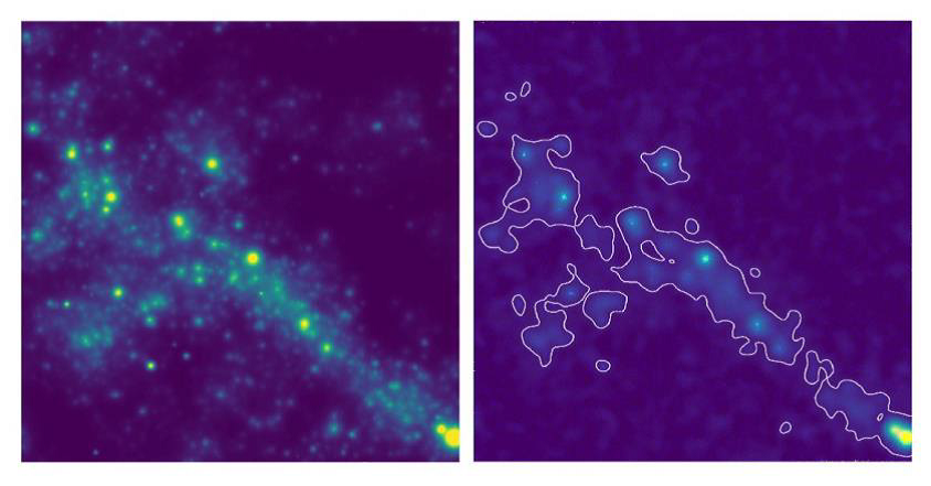 Figure 4: simulation cosmologique d’un filament composé de centaines de milliers de petites galaxies. L’image de gauche est celle du rayonnement produit par toutes les galaxies tel qu’il pourrait être observé in situ. L’image de droite montre le filament telle qu’il serait observé par MUSE. Même avec un très grand temps d'exposition, l’immense majorité des galaxies ne sont pas détectables individuellement, mais la lumière de toute ces petites galaxies est détectée comme un fond diffus, un peu comme la voie lactée quand on l’observe à l’ oeil nu. © Thibault Garel et Roland Bacon