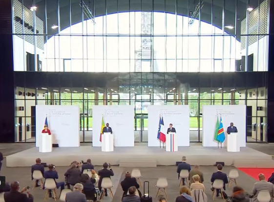 A l'issue du Sommet sur le financement des économies africaines, une conférence de presse a été organisée en présence du Président français Emmanuel Macron, du Président de la République démocratique du Congo et Président de l’Union africaine, Félix Tshisekedi Tshilombo, du Président de la République du Sénégal, Macky SallMacky et de Kristalina Georgieva, Directrice générale du FMI (Photo capture d'écran)