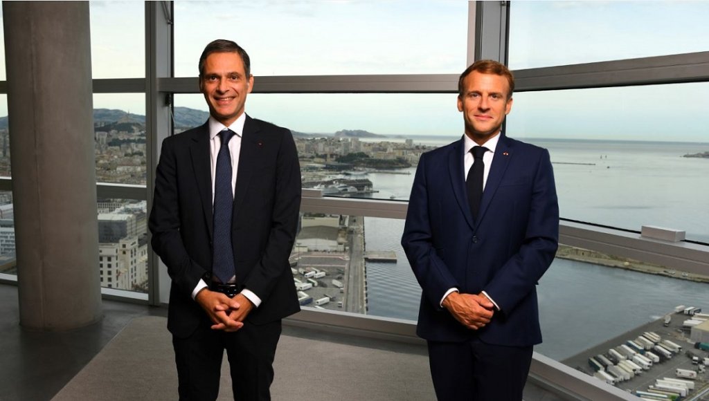 Rodolphe Saadé PDG du groupe CMA CGM vient d'accueillir Le président de la République Emmanuel Macron ©CMACGM