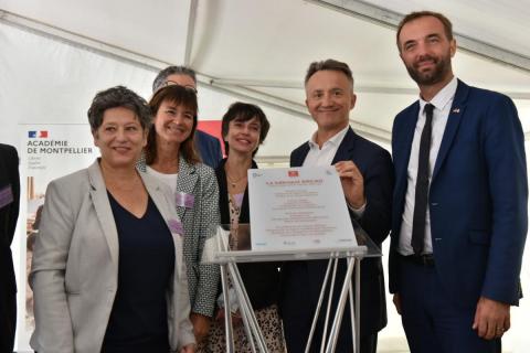 De gauche à droite : Valérie Verdier, PDG de l’IRD, Sophie Béjean, Rectrice Arcad. Occitanie & Montpellier, Élisabeth Claverie de Saint-Martin, PDG du Cirad, Philippe Mauguin, PDG d’Inrae, Michaël Delafosse, Pdt de Montpellier Méditerranée Métropole, maire de Montpellier © Inrae - Christophe MAITRE