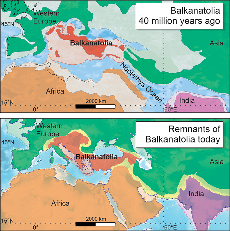 Carte montrant la Balkanatolie il y a 40 millions d’années et aujourd’hui. © Alexis Licht & Grégoire Métais