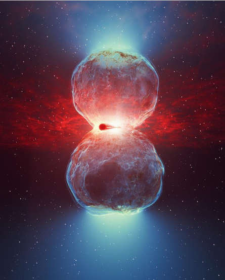 Vue d'artiste du système binaire naine blanche et géante rouge après l'explosion de la nova. La matière éjectée de la surface de la naine blanche génère des ondes de choc qui s'étendent rapidement, formant une forme de sablier. Les particules sont accélérées au niveau de ces fronts de choc, qui entrent en collision avec le vent dense de l'étoile géante rouge et produisent des photons gamma de très haute énergie. © DESY/H.E.S.S.-Science Communication Lab