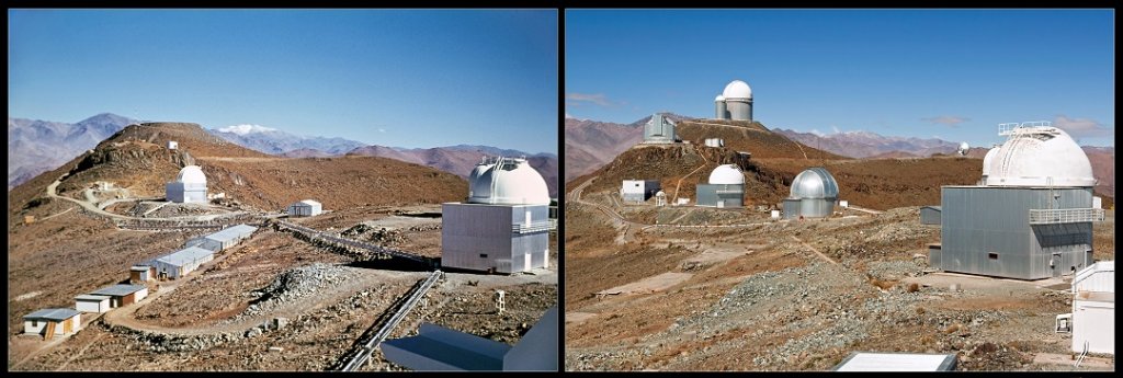 L’observatoire de La Silla en 1970 (à gauche) et de nos jours (à droite).  On note la multiplication des télescopes sur la montagne en 60 ans. (Photo ESO)