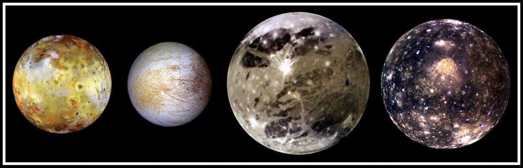 Les satellites galiléens: les quatre satellites principaux de Jupiter sont ramenés ici à la même échelle pour mieux comparer leurs tailles respectives. On trouve, de gauche à droite : Io, Europe, Ganymède et Callisto. À titre indicatif, la Lune a une taille intermédiaire entre Io et Europe @ Nasa