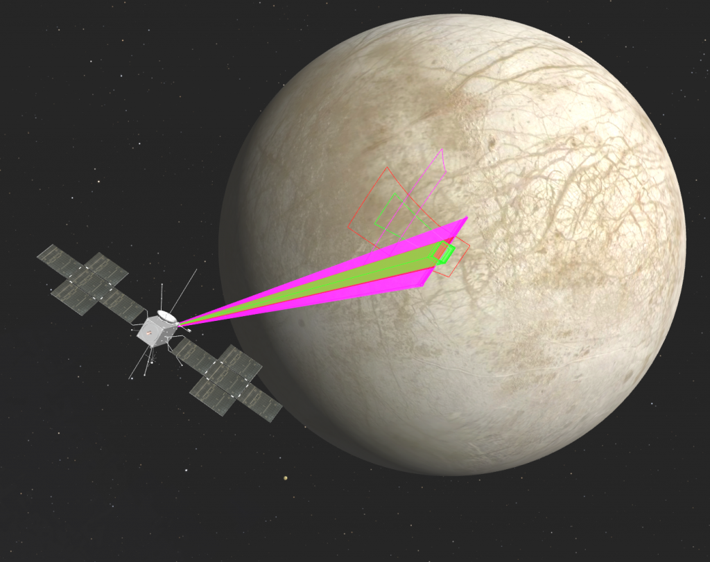 Vue d’artiste de la sonde JUICE en train de scanner la surface du satellite Europe (Image ESA)