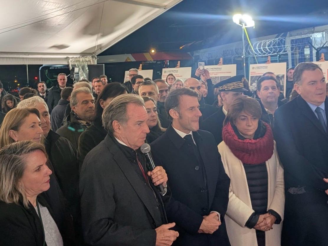 Lancement à la gare Saint-Charles du chantier de la LNPCA en présence d’Emmanuel Macron entouré de Renaud Muselier, président de Région et Martine Vassal présidente de la Métropole et du Département © Joël Barcy