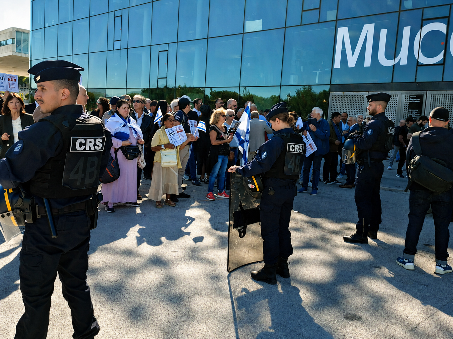 Sous haute surveillance policière, les deux rassemblements se sont fait face ce jeudi matin devant le Mucem autour du colloque consacré à Gaza, dans un climat de fortes tensions mais sans incidents majeurs (Photo Joël Barcy )