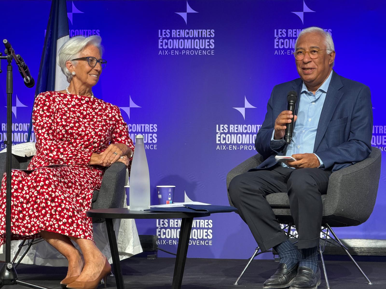 Christine Lagarde, présidente de la Banque centrale européenne, et Antonio Costa, président du Conseil européen ont défendu une Europe plus souveraine face aux incertitudes du monde. (Photo Joël Barcy)