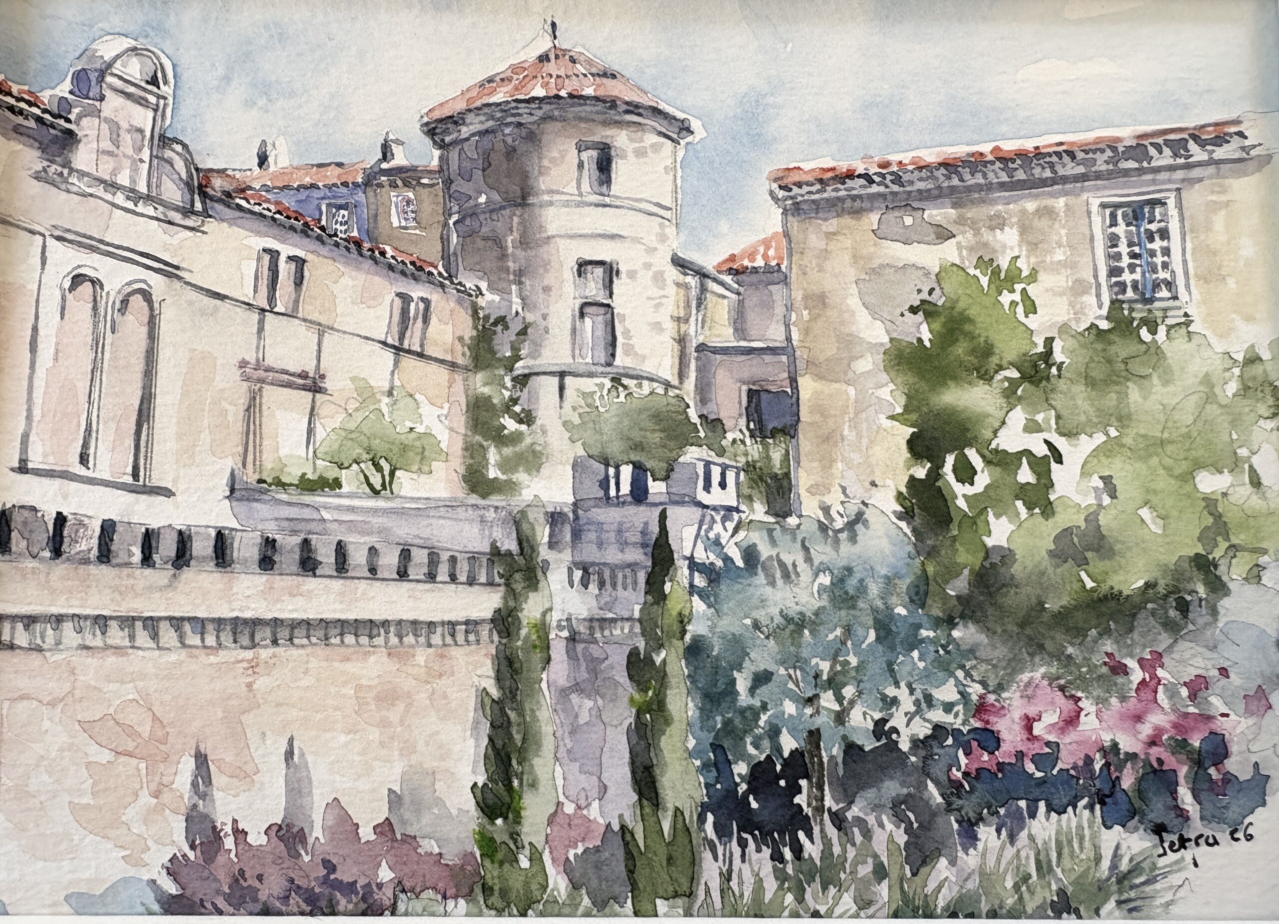 Le château de La Roque-d’Anthéron, l’une des aquarelles de Petra Wauters à découvrir au cœur de l’exposition.