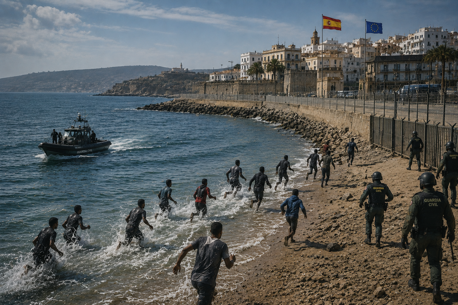 Ceuta, enclave espagnole sur la côte nord-africaine, constitue l’une des principales frontières extérieures de l’Union européenne. Illustration générée par intelligence artificielle